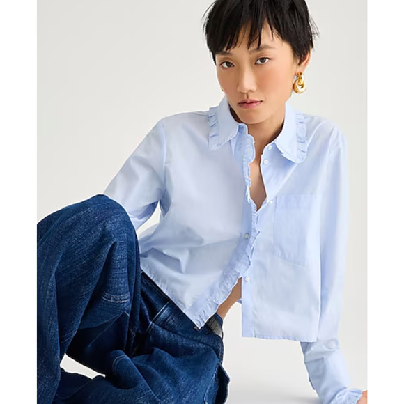 J. Crew Ruffle Trim Poplin Top S NWOT White Shirt Blouse Button BY664 J.Crew - Picture 4 of 6